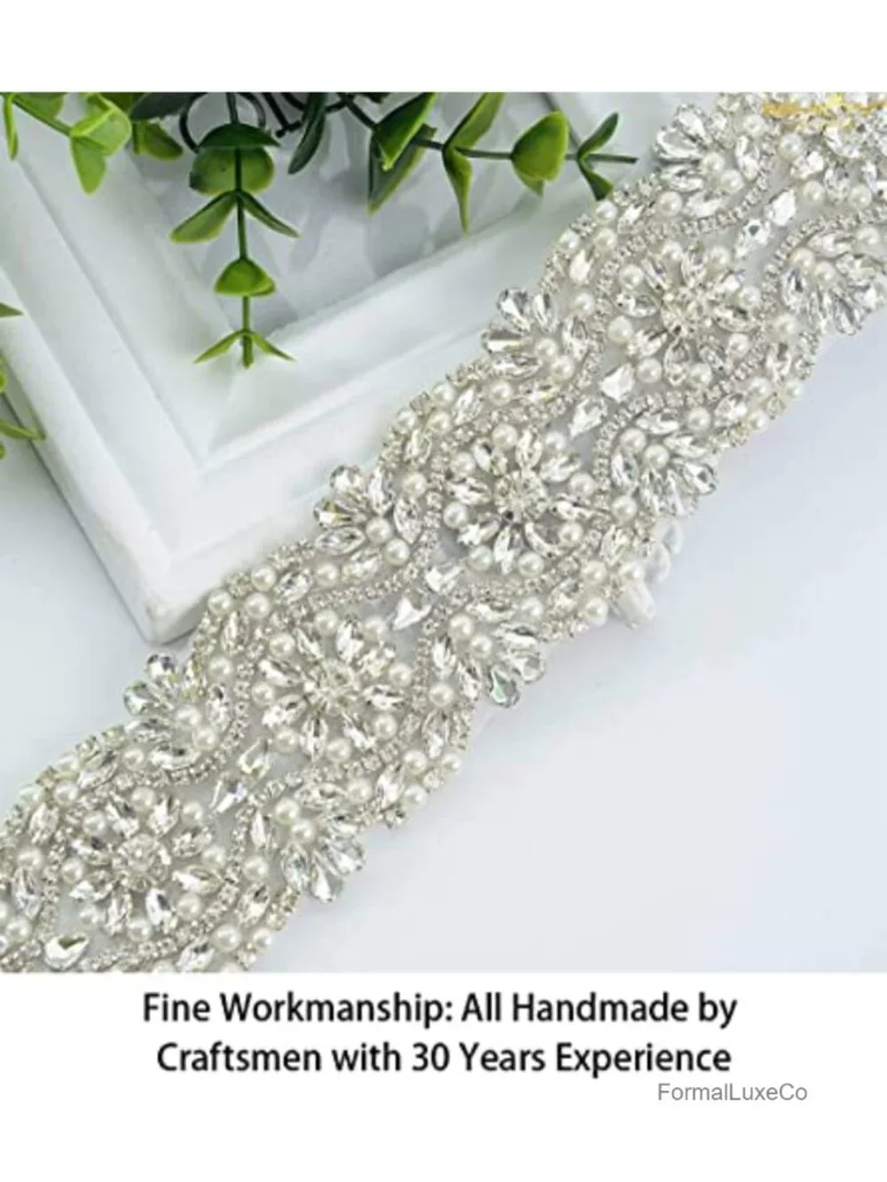 Beaded Rhinestone Wedding Dress Belt Sash with Pearl Trim